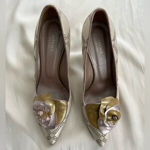 Versace Ivory/Light Grey Stiletto Heels with Versace Greek Logo Jacquard Fabric